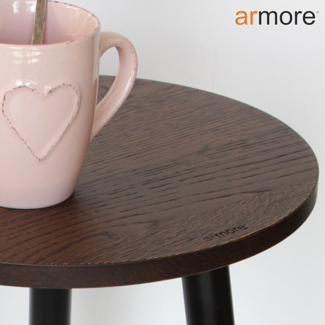 Round stool in solid wood with iron legs, modern