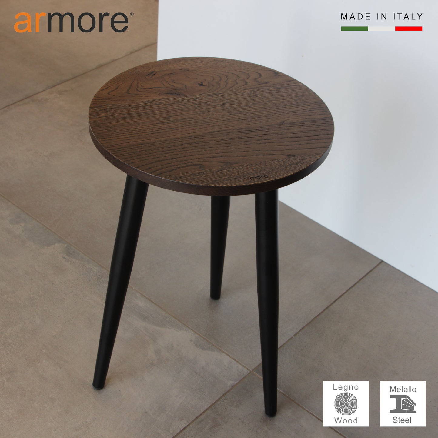 Round stool in solid wood with iron legs, modern
