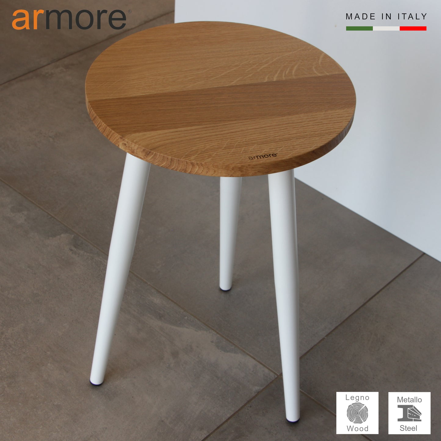 Round stool in solid wood with iron legs, modern