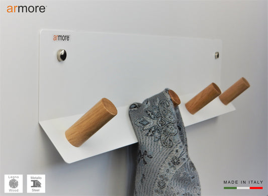 Modern white wall coat rack with 4 comfortable natural wood hooks and metal bar