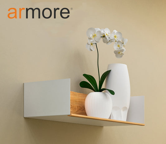 Modern white wall shelf in solid wood and metal, 58x26x15 cm, multipurpose
